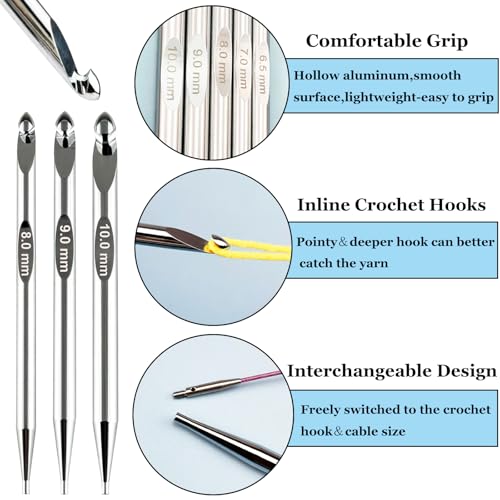 Image of Hobekoee Tunisian Crochet Hooks Set with Cable,12 Size Aluminium Interchangeable Crochet Hook Set Inline Crochet Hooks Afghan Crochet Needles 3mm-10mm