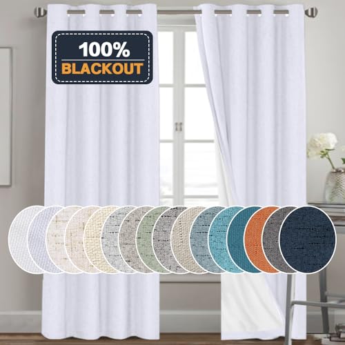 Image of PrinceDeco Linen Texture Curtains for Bedroom Solid 100% Blackout Thermal Insulated with White Liner Room Darkening Curtains /Draperies for Living Room Nursery, Pearl White, 2 Pieces, W52 x L84