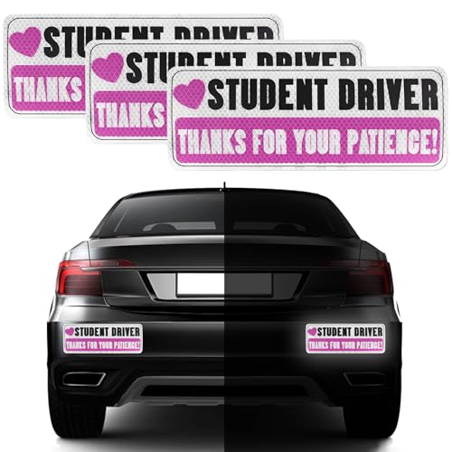 Image of 3PCS Magnetic Student Driver Sticker, Student Driver Sticker Magnet for Car, Thanks for Your Patience, Safety Warning Reflective Bumper Stickers, Pink Car Accessories for Women Drivers