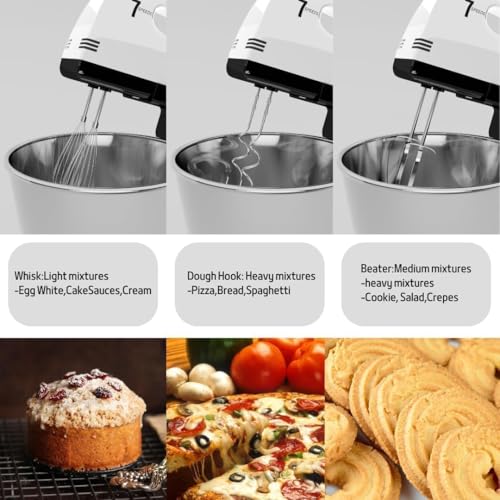 Image of Stand Mixers, 7 Speeds With 3QT Stainless Steel Bowl, Stand and Hand Mixer with Dough Hook, Whisk, Mixing Beater for Baking, Cake, Cookie, Kneading (VL2)
