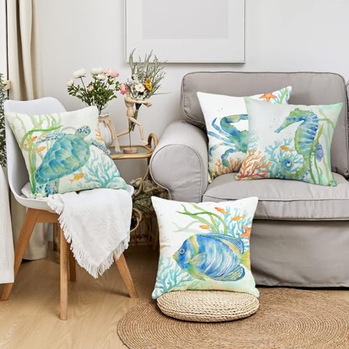 BBKD Set of 4 Coastal Decorative Throw Pillow Covers 18x18 Inch, Ocean Sea Theme Polyester Cushion ,for Living Room, Couch and Bed(Coastal,18x18) - Image 2