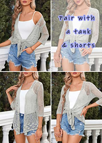 Image of Nulibenna Womens Sheer Shrug Sweaters 3 /4 Sleeve Open Front Tie Cardigan Bolero Jacket Lightweight Crochet Knit Cover Up Tops