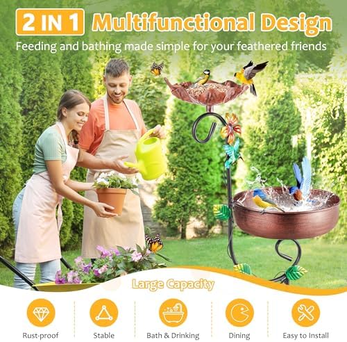2 In 1 Bird Bath for Outside, Large Metal Copper Bird Shower Baths Bowl & Bird Feeder Stand Combo for Outdoors Garden Yard Lawn Decor, Vintage Wild Birdbath for Hummingbird, YOFOVI - 1