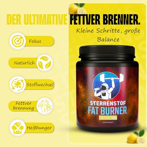 Sterrenstof Fat Burner – Frische Zitrone – Fettverbrenner Appetitzügler mit L-Carnitin, L-Tyrosin, L-Theanin, Grüntee-Extrakt, Koffein – Schnell abnehmen, Fatburner, Diät, 300 g Pulver, 50 Portionen – Bild 3