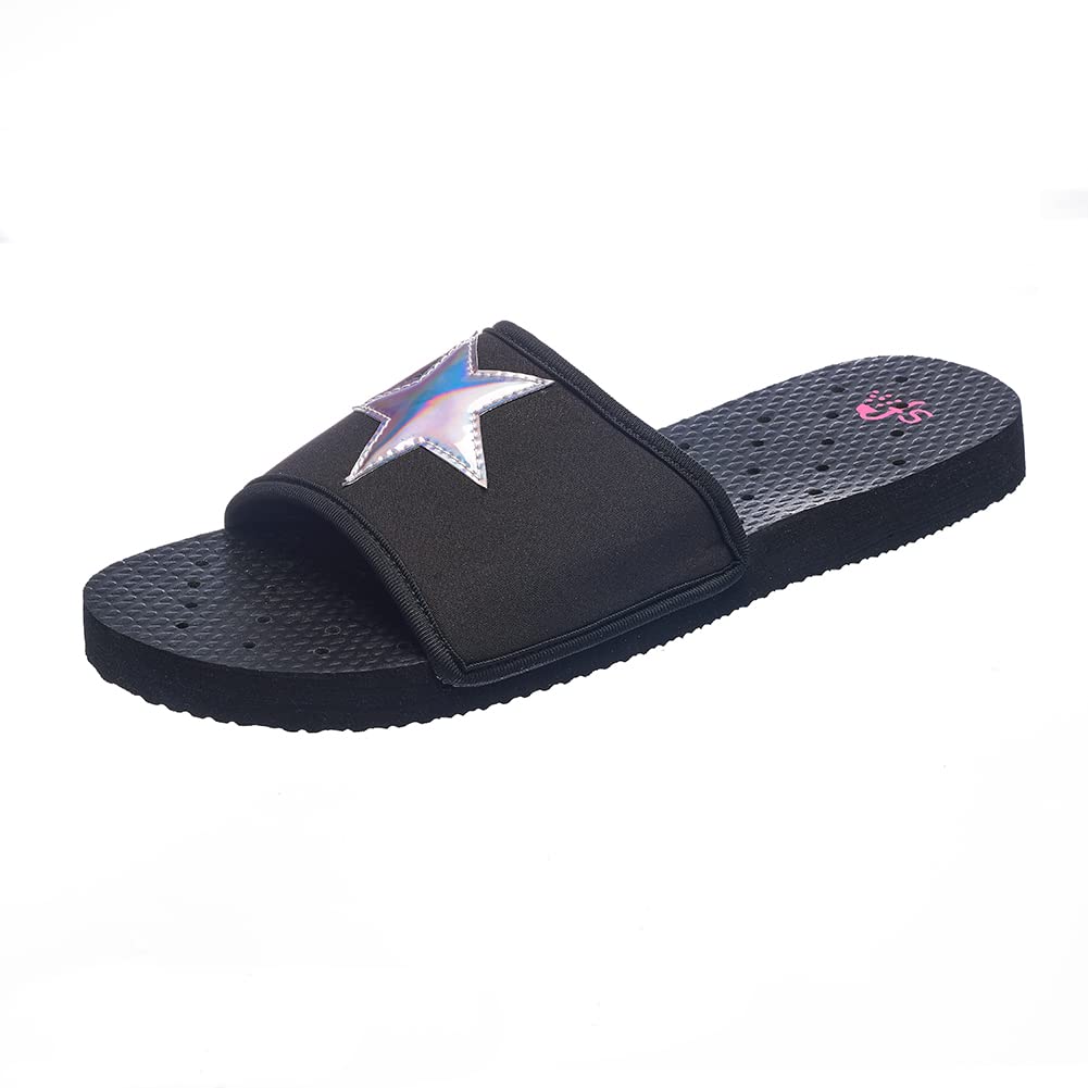 ShowaflopsWomen's Casual Slip-Resistant Black Slides with Neoprene Strap and Silver Hologram Star Sandal
