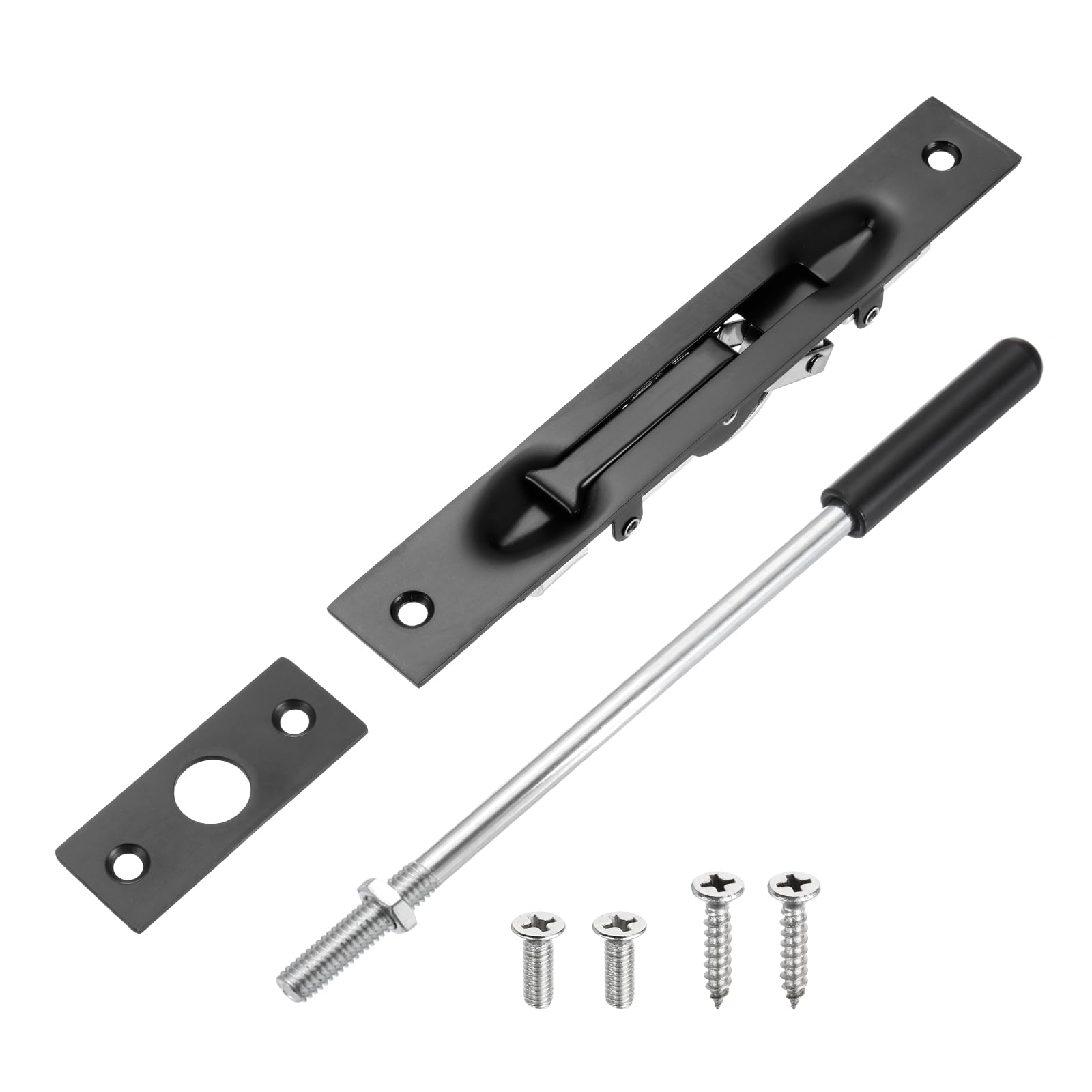 sourcing map 1 Pack Extension Flush Bolt with Rod, 8 Inch Stainless Steel Door Flush Bolt Latch Concealed Security Door Lock for Double French Doors, Composite, Wood Doors, Black