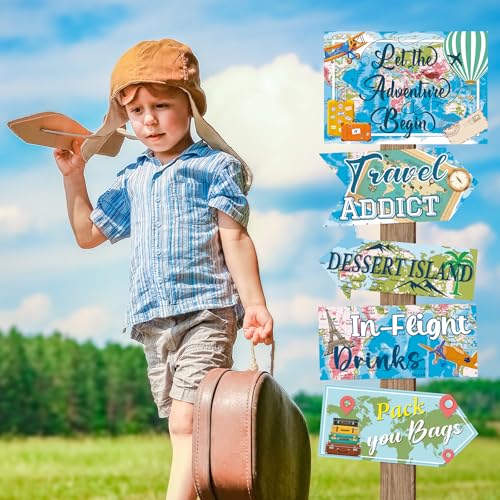 Image of 20 Pieces Travel Party Signs Travel Themed Party Decorations Let The Adventure Begin Sign Around the World Decorations Bon Voyage Party Wall Door Porch Yard Sign Travel Party Supplies