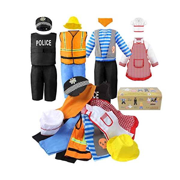 Jeowoqao boy's dress up costumes set, role play set 11-pcs trunk pirate, chef, construction worker, policeman costume fit kids girls age from 3-6