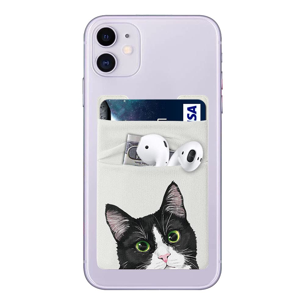 FINCIBO Microfiber Lycra Self-Adhesive Universal Credit Card Holder Wallet for All Smart Mobile Cell Phones, Tuxedo Cat