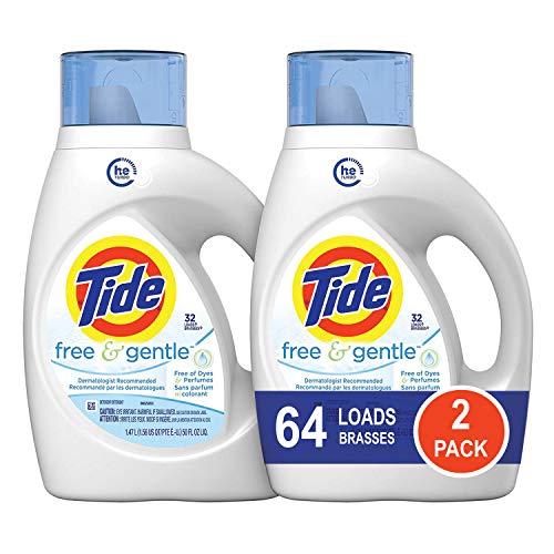 Tide Free and Gentle HE Liquid Laundry Detergent, 2 Pack of 50 oz., Unscented and Hypoallergenic for Sensitive Skin, 64 Loads