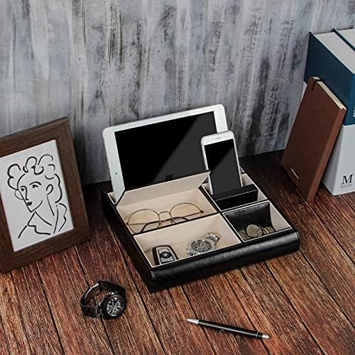 JackCubeDesign Valet Tray Leather Multi Catch all Storage Box Mens Dresser Desk Organiser Jewellery Accessories Night Stand for Keys, Phone, Wallet, Coin, Jewellery(Black)  :MK318A