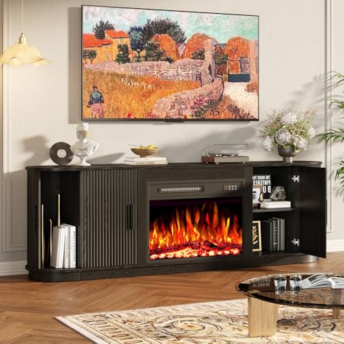 Image of Waleaf 70 inch Fluted Fireplace TV Stand with 23 inch Electric Fireplace for TVs Up to 80 inch, Entertainment Center with Sliding Door, Curved Profile Design, Wood Console for Living Room, Black