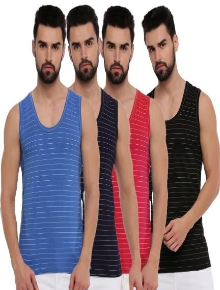 Image of RAMRAJ COTTON Men's Assorted Super Light Sleeveless Combed Cotton|Striped Vest /Banian