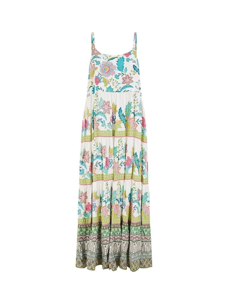 Yumi Women's White Floral Block Print Tiered Maxi Sun Dress in Ivory | Size: 8