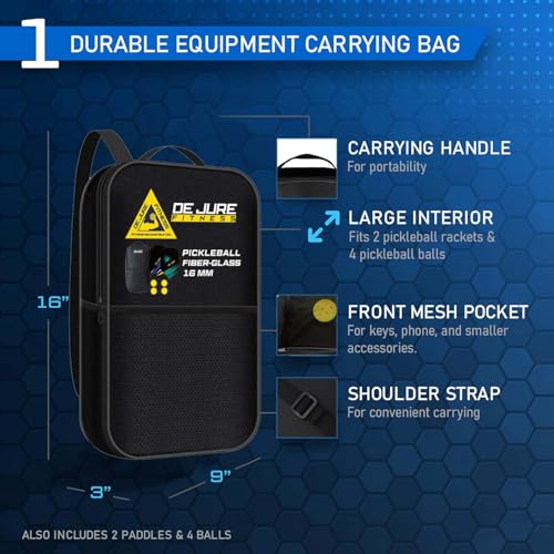 Image of De Jure Fitness 16 MM Pickleball Paddle - 2 Premium Fibre Glass 16 MM Rackets Honeycomb Composite Core with Cushion Comfort Grip & 4 Balls & Portable Racquet Bag (2 Rackets + 4 Balls+ Bag)