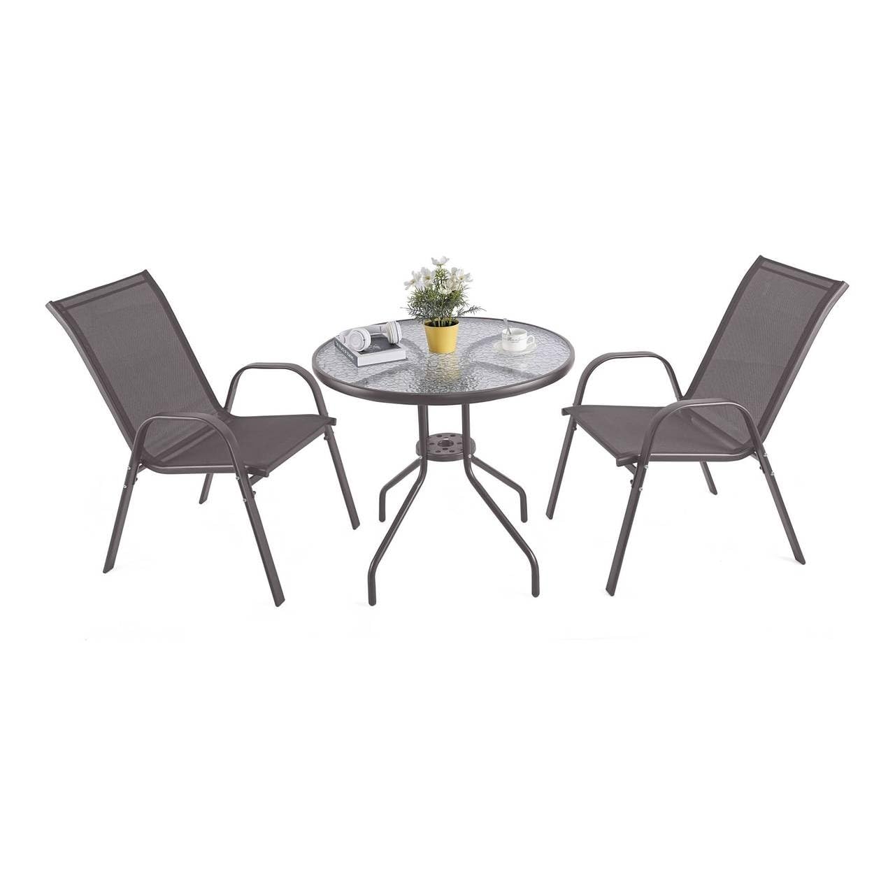 URBNLIVING 3 Piece Garden Bistro Set Round Glass Top Table & 2 Textilene Chairs Outdoor Patio Balcony Furniture Weather Resistant Metal Seating - Brown