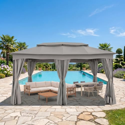 Image of COBIZI 12x20 FT Gazebo Outdoor with Curtains, Heavy Duty Soft Top Gazebo Canopy with Double Roof, Large Metal Frame Gazebos for Patio, Backyard and Deck (Gray)