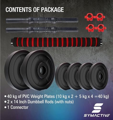 Image of Amazon Brand - Symactive PVC 40kg 3 | in | 1 Convertible Dumbbells Kit for Full Body Workout (10 Kg x 2 + 5 Kg x 4 PVC Weight | 14'' Dumbbell Rods Pair & Nuts | 1 Cushioned Connector Rod) | Multicolor