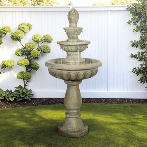 Image of SunJet 42.5 inch High 3-Tiers Modern Concrete Outdoor Water Fountain - Round Large Outdoor Fountains and Waterfalls for Garden, Patio, Yard, and Deck Decor, Featuring Natural Stone Look