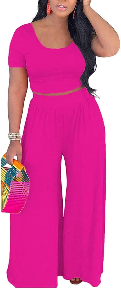 BFFBABY2 Piece Outfits for Women Sexy Backless Short Sleeve Crop Top High Waist Wide Leg Long Pant Sets Tracksuit Sport Set