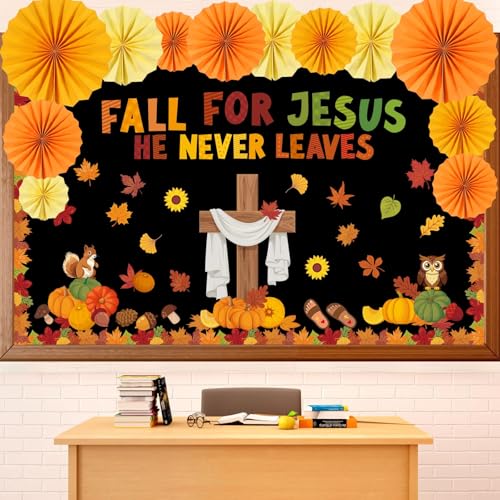 Image of Fall Christian Bulletin Board Decorations Set Fall for Jesus He Never Leaves Paper Cutouts for Classroom Autumn Sunday School Church Cross Cutout for Religious School Office Wall Decor