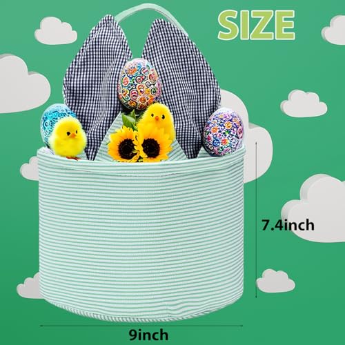 Image of Easter Basket Seersucker Egg Hunt Bunny Baskets for Kids with Cute Rabbit Ears Stripe Storage Gifts Candies Personalized Easter Party Gifts.