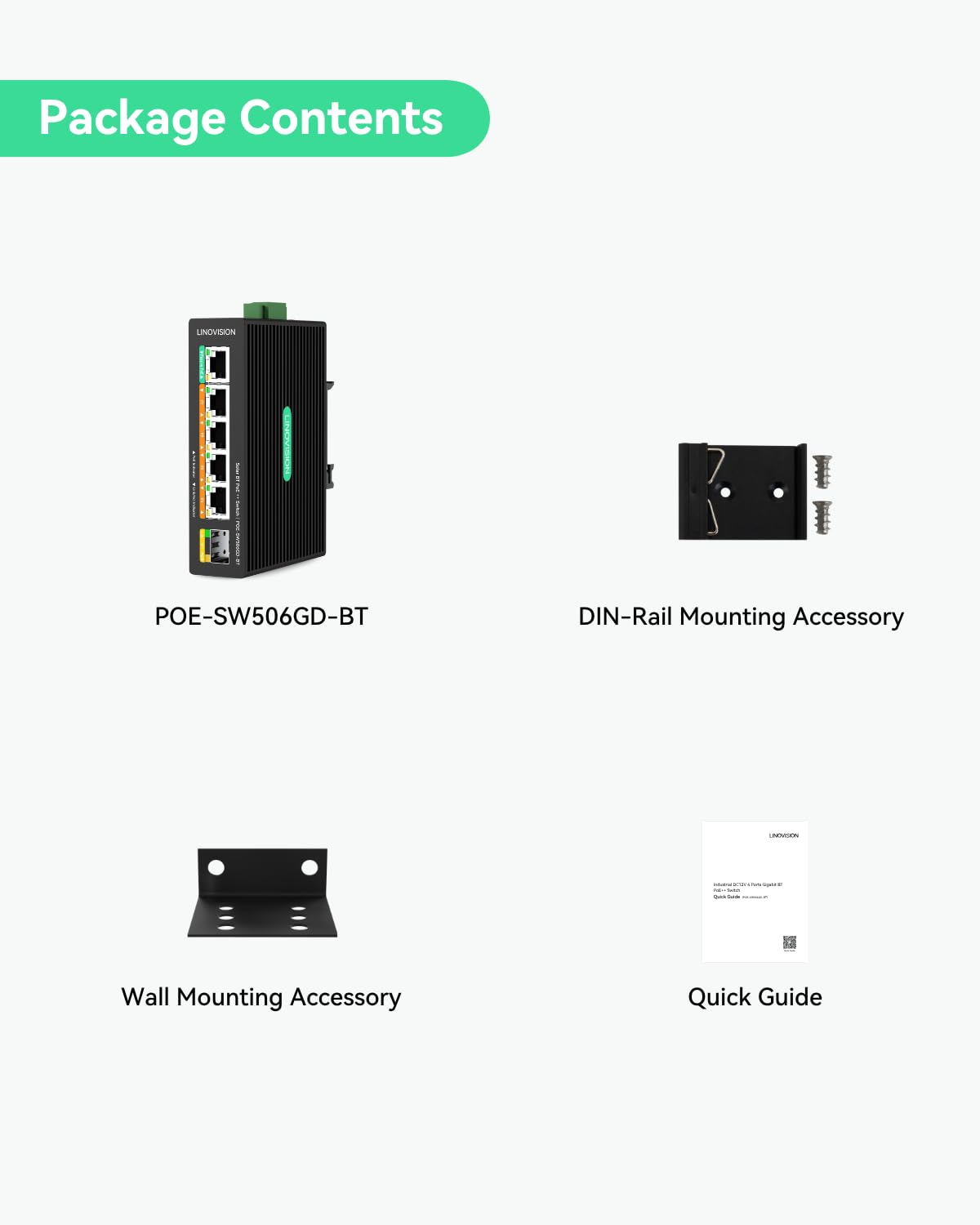 LINOVISION Switch PoE++ Industriale Full Gigabit a 5 Porte DC12V per Sistemi Solari o UPS di Camper/Veicoli Ricreazionali, Supporta Ingresso DC 9~54V, 4 Porte BT90W PoE++ e 1 Porta PoE Passiva 24V