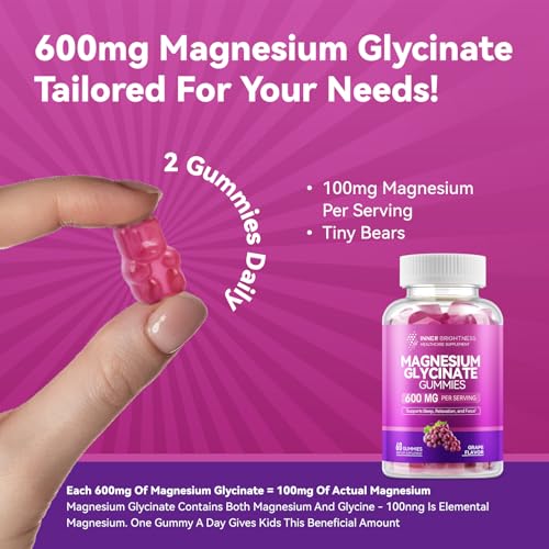 Image of Magnesium Glycinate Gummies 600mg, Non-GMO, Gluten-Free, Magnesium Gummies for Adults & Kids, Sleep, Relaxation & Focus, Grape Flavor, 60 Count