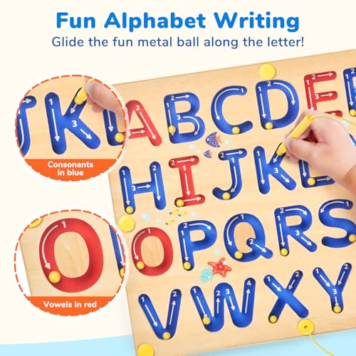 JoyCat Magnetic Letter Tracing Board, Wooden Alphabet Tracing Board for Toddlers ABC Magnets Letter Writing Practice, Magnetic Maze Preschool Learning Educational Toys for Kids 3-5