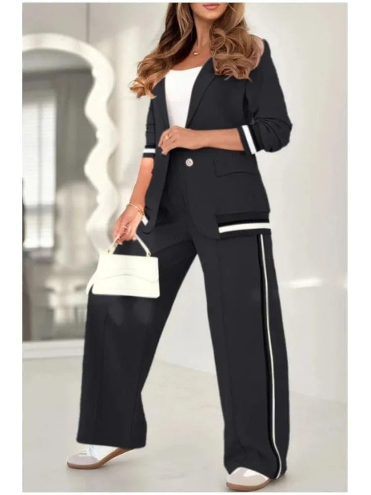 Conjunto de 2 Piezas para Mujer: Chaqueta y Pantalón Rayados con Parches, Atuendo Retro de Oficina