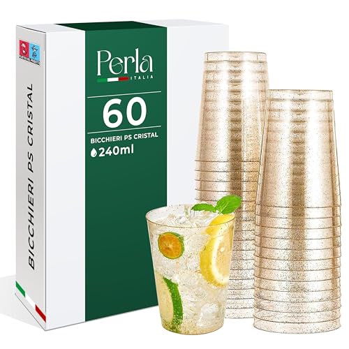 Perla - 60 Bicchieri di Plastica Rigida Lavabili 240 ml - Bicchieri Traparenti con Glitter Dorati - Bicchieri Oro, Bicchieri di Plastica Dura Riutilizzabili per Bevande, Cocktail, Dessert, Feste