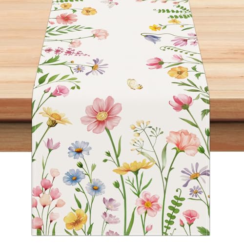 Bonhause Spring Floral Table Runner 13x72 Inch Pink Flowers Plants Leaves Butterflies...