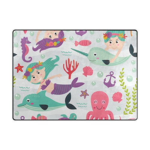 Vantaso Soft Foam Area Rugs Girls Mermaid Octopus Whale Non Slip Play Mats for Kids Boys Girls Playing Room Living Room 63x48 inch