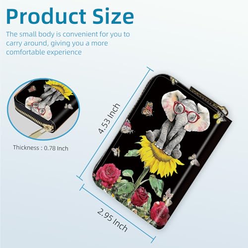 Small Credit Card Case Wallet for Women, RFID Blocking Mini Slim Leather Card Holder Wallet, Pocket Business Card Case with Zipper Card Holder, Elephant with Glasses3
