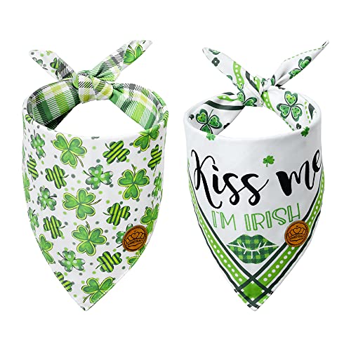 CROWNED BEAUTY St Patricks Day Dog Bandanas Large 2 Pack, Shamrocks Set, Plaid Kiss Me Irish Adjustable Triangle Holiday Reversible Green Scarves for Medium Large Extra Large Dogs Pets DB28-L
