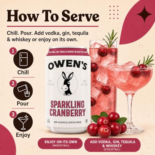 Image of Owen's Premium Non-Alcoholic Sparkling Cocktail and Mocktail Mixer, Drink Mixer for Cocktails, Mocktails, and Party Beverage, 24 Pack of 8.2 fl oz Cans (Sparkling Cranberry)