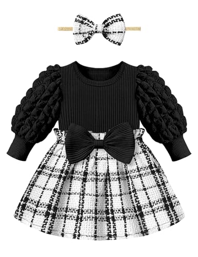 Image of Qaoerde Baby Girl Dress Puff Sleeve Plaid Dress Ribbed Newborn Dress Clothes Fall Winter Outfits with Bowknot Headband