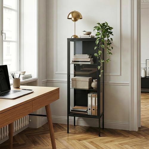 [en.casa] Armoire Vitrine avec 1 Porte et 3 Compartiments Spacieux Meuble de Rangement Décoratif Stable pour Salon Chambre Bureau Salle à Manger Acier Verre...