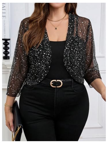 Floerns Women's Plus Size Mesh 3/4 Sleeve Open Front Bolero Party Cropped Cardigan Jacket3