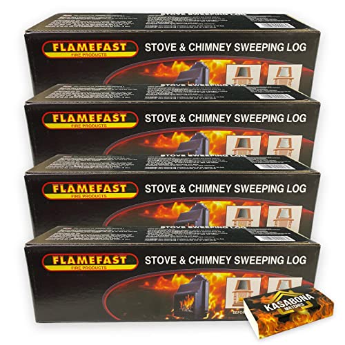 Flamefast Stove & Chimney Sweeping Log Fire Place Cleaner Remove Creosote Soot Tar Deposits – Includes KasaBona Safety Matches (4 Logs)