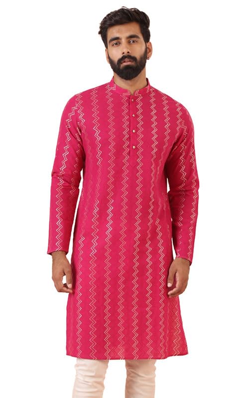 Kisah Mens Kurta|Cotton Fabric Self Design Pattern Mens Ethnic Wear|Regular Fit Mandarin Collar Long Sleeves, Hot Pink, 40