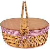 Wicker Picnic Baskets with Double Folding Handles | Little Red Riding Hood Basket for Kids | Hard Wood Top | Hand Woven Wicker Great for Easter Basket | Storage of Plastic Easter Eggs Gingham Basket