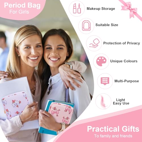 Image of Sanitary Pad Storage Bag Portable Period Bag for Teen Pads /Sanitary Napkins /Small Tampons, Sanitary Napkin Storage Bag First Period Gifts for Teen Girls (Pink Rose Bowknot)