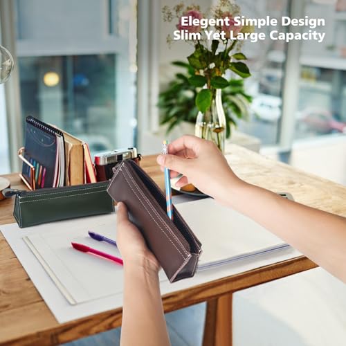Image of Genuine Leather Pencil Case Pouch Zipper Pencil Pouch,Stationery Bag Organizer,Makeup Cosmetic Pouch Women Men Adults