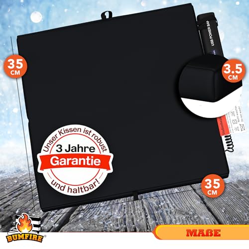 Bumfire Sitzkissen Beheizbar & Faltbar - Akku Heizkissen Kabellos mit USB Anschluss - Elektrisch Beheizbare Wärmekissen Sitzauflage Stadion, Camping, Rollstuhl, Outdoor Kissen - Schwarz - 35x35 cm