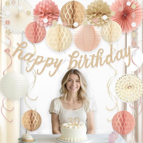 Image of Boho Pink Happy Birthday Decorations for Women Girls, Pre-Strung, 24pcs | Happy Birthday Banner, Honeycomb Ball, Paper Flowers, Lanterns, Fans, Streamers, Dots Garland for Birthday Party Decorations