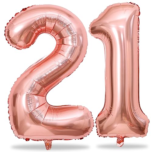 Rose Gold 21st Birthday Balloons for Her, 40In Rose Gold Mylar Foil Number 21 Balloons for Girls, Birthday Party Balloons Numbers 2 and 1 for Women 12th 21st Anniversary Decorations Supplies