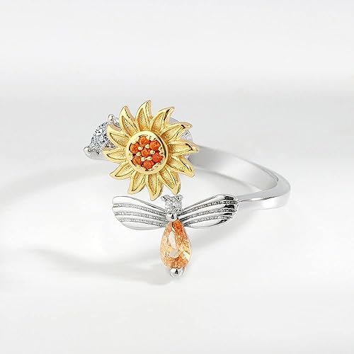 Miniatura 5 de Anillos de plata para ansiedad, anillo giratorio giratorio de circonita cúbica ajustable con diseño de girasol You are My Sunshine, anillo giratorio