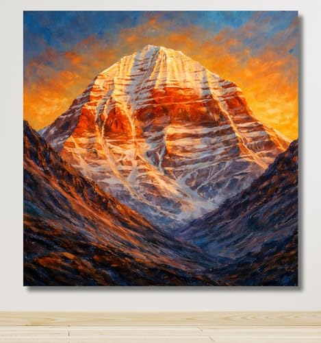 Image of Kunj Cart Mount Kailash Painting | 10+ DESIGNS | Kailash Parvat Canvas Painting for Living Room, Temple Home & Office Wall Decoration (Mount Kailash Canvas Painting, 18x18 Inch, Framed)