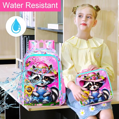 Image of AGSDON 3PCS Raccoon Backpacks for Girls, 16 inch Kids Reflective Elementary Backpack with Lunch Box, Water Resistant School Bags Set for Preschool Toddler